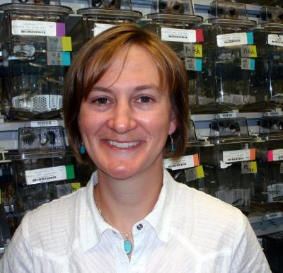 Katy Baden, whose research has established the zebrafish as a model for studying human diseases linked to COX deficiencies, is shown in the Zebrafish International Resource Center. (Credit: Photo by Jim Barlow)